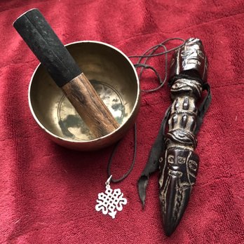 Gum Saan - Heart Chakra Singing Bowl, Knot of Eternity Necklace, and Phurba. - Antiques Near Me - San Diego, California Gum Saan - Heart Chakra Singing Bowl, Knot of Eternity Necklace, and Phurba. - Antiques Near Me - San Diego, California
