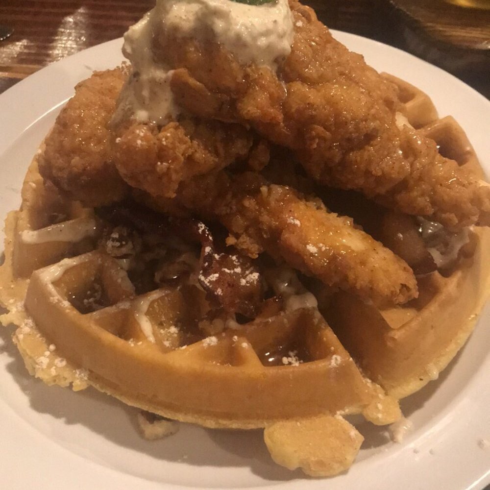 Small Batch - Chicken and waffles, sage butter, syrup, pecans - Breweries Near Me - Winston-Salem, North Carolina