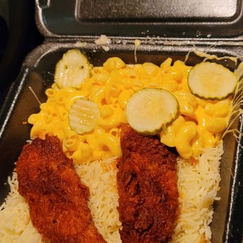 Angry Chickz - Medium heat chicken tenders with butter rice and substitute mac & cheese instead of coleslaw - Chicken Shop Near Me - San Jose, California Angry Chickz - Medium heat chicken tenders with butter rice and substitute mac & cheese instead of coleslaw - Chicken Shop Near Me - San Jose, California
