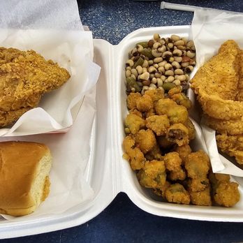 Carter's Fried Chicken - Fried Catfish Filets, fried okra, field peas, and fried chicken breast. - Southern Near Me - Americus, Georgia Carter's Fried Chicken - Fried Catfish Filets, fried okra, field peas, and fried chicken breast. - Southern Near Me - Americus, Georgia