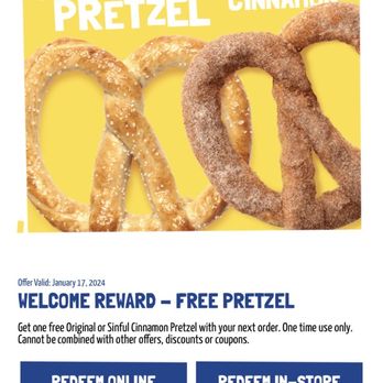 Wetzel's Pretzels - The welcome reward on the app! - Pretzels Near Me - Livermore, California