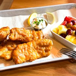 BJ's Restaurant & Brewhouse - Blond fish 'n chips with subbed fruit bowl for the fries