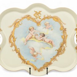 DuMouchelles - Porcelain Tray with hand painted cherubs with gold accents