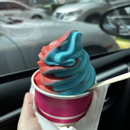 Strawberry and vanilla swirl soft serve