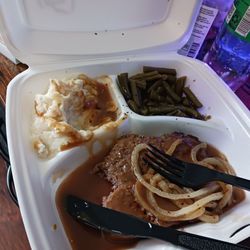 Tom's Drive In - Hamburger steak grilled  onions green beans and  mashed potatoes