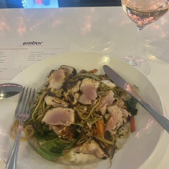 Embur - Blackened Tuna on linguine and vegetables. Amazing! - Desserts Near Me - Greensboro, North Carolina