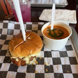 Chicken sandwich and tomato soup. Chicken sandwich and tomato soup.