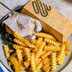 Shake Shack - French onion cheeseburger, fries and crispy onion dog