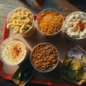 Terry Black's Barbecue - 5 large sides: macaroni, rice, potato salad, cream corn (mmm!!!), and beans - Barbeque Near Me - Dallas, Texas Terry Black's Barbecue - 5 large sides: macaroni, rice, potato salad, cream corn (mmm!!!), and beans - Barbeque Near Me - Dallas, Texas