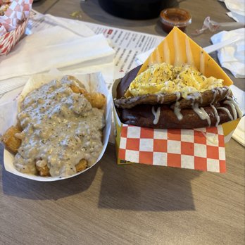 Buldogis Eatery - Sausage Gravy Tots and Sausage Egg Drop sandwich. - Hot Dogs Near Me - Las Vegas, Nevada