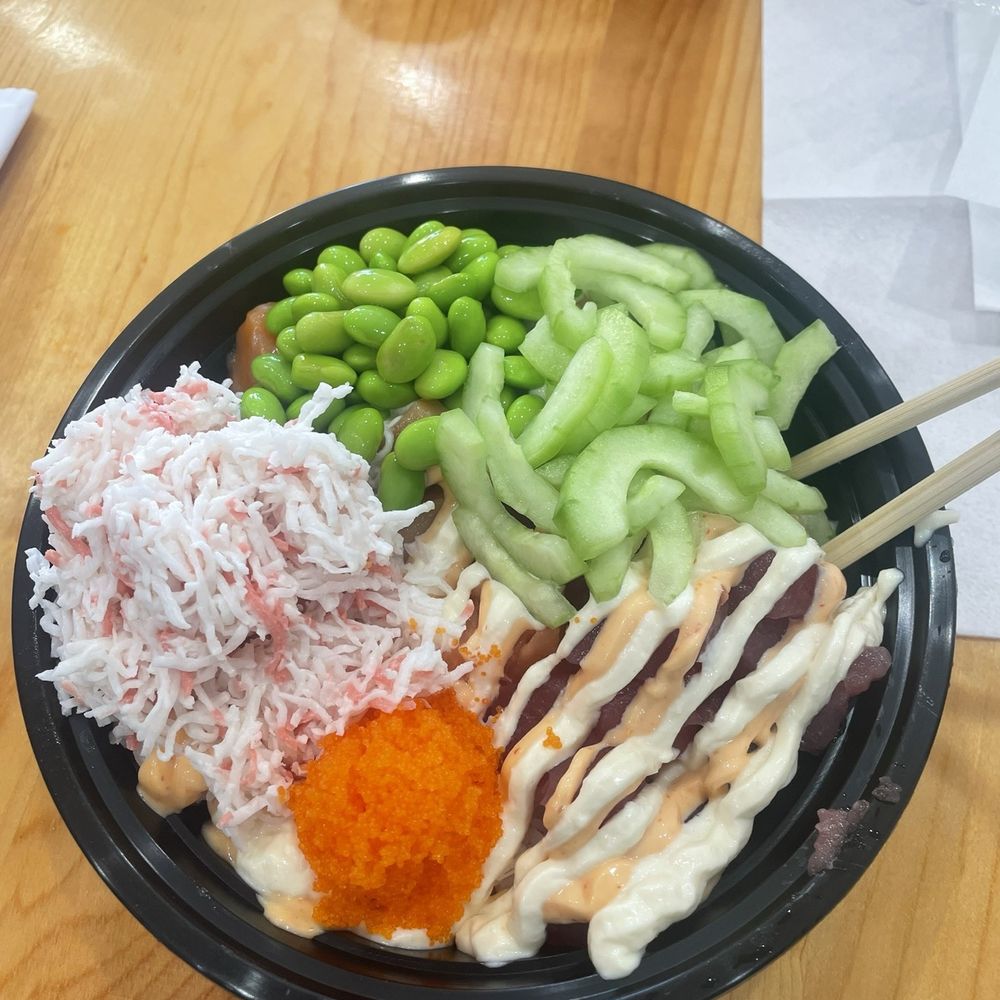 Poke Cube - 2 Scoops of Protein Bowl, 2 Scoops of Rice, Ahi Tuna, Salmon, Garlic Miso, Spicy Mayo, Edamame, Crab Salad, Masago, Cucumber - Poke Near Me - Rancho Cordova, California