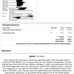 Frank Bobo's Wrecker Service - Copy of my recent towing invoice from Frank Bobo Inc.