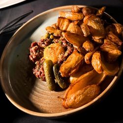 Butcher & The Bear - Beef tartare with smoked egg yolk and potatoes