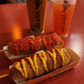 K-Bop Korean Kitchen - Sweet Gochujang and hot cheetos corn dogs with tai tea boba and strawberry mango fruit tea with popping boba - Korean Near Me - Jacksonville, Florida K-Bop Korean Kitchen - Sweet Gochujang and hot cheetos corn dogs with tai tea boba and strawberry mango fruit tea with popping boba - Korean Near Me - Jacksonville, Florida
