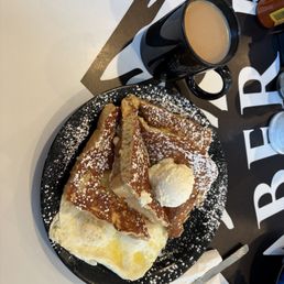 French toast dipped in pancake batter with over easy eggs French toast dipped in pancake batter with over easy eggs