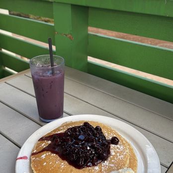 Kihei Caffe Lahaina - Buttermilk pancakes with blueberry topping and creamy ube cold brew - Breakfast & Brunch Near Me - Lahaina, Hawaii Kihei Caffe Lahaina - Buttermilk pancakes with blueberry topping and creamy ube cold brew - Breakfast & Brunch Near Me - Lahaina, Hawaii