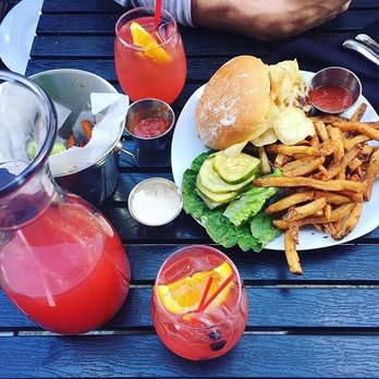 Fuse Bistro - Peach sangria and fuse crunch burger - New American Near Me - Lowell, Massachusetts