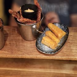 Pincho Nation - Sweet potato fries, street corn, & vegan burger.