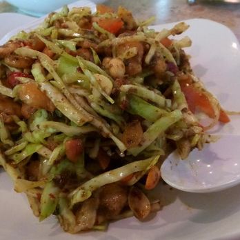 Pa Lian - preserved tea leaf salad. with cabbage, tomato, and toasted fava beans. Delicious. - Burmese Near Me - Wheaton, Illinois