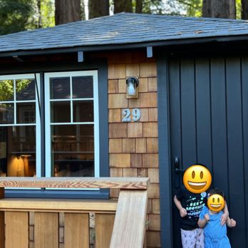 Dawn Ranch - Kids in front of our chalet - Hotels Near Me - Guerneville, California Dawn Ranch - Kids in front of our chalet - Hotels Near Me - Guerneville, California