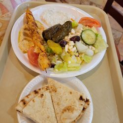 Greek Fiesta at Crossroads - Mediterranean Platter with one chicken kabob.