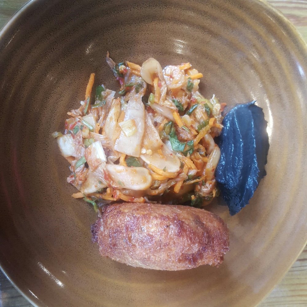 Pigs cheek croquette with leek puree and kimchi Pigs cheek croquette with leek puree and kimchi