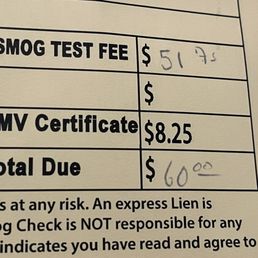 51.75 for my smog test fee (2011 Audi Q5) + 8.25 for the DMV certificate = 60.00 51.75 for my smog test fee (2011 Audi Q5) + 8.25 for the DMV certificate = 60.00