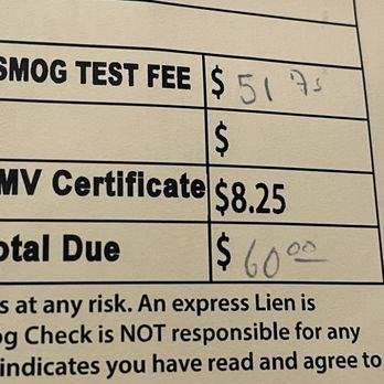 American Smog Check Center - 51.75 for my smog test fee (2011 Audi Q5) + 8.25 for the DMV certificate = 60.00 - Smog Check Stations Near Me - Hawthorne, California American Smog Check Center - 51.75 for my smog test fee (2011 Audi Q5) + 8.25 for the DMV certificate = 60.00 - Smog Check Stations Near Me - Hawthorne, California