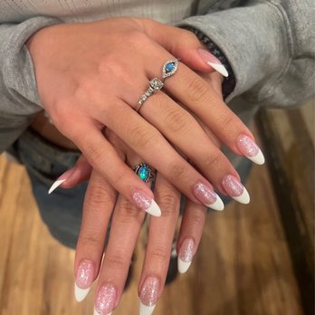 Clio Spa & Nails - pink base with sparkles + white french tips - Nail Salons Near Me - Rolling Hills Estates, California