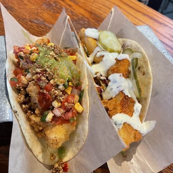 Velvet Taco - #6.5 Beer Battered Cauliflower on the right and #5 Fried Paneer on the left - New American Near Me - Tulsa, Oklahoma