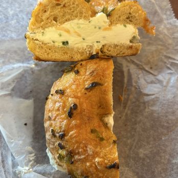 RJ's Bagels - Cheddar Jalapeño bagel with cheddar jalapeño cream cheese .. greasy bagel with little to no kick. Same goes for the cream cheese just ok - Bagels Near Me - Yardley, Pennsylvania RJ's Bagels - Cheddar Jalapeño bagel with cheddar jalapeño cream cheese .. greasy bagel with little to no kick. Same goes for the cream cheese just ok - Bagels Near Me - Yardley, Pennsylvania