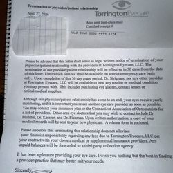 Torrington Eyecare, Llc - Letter of Termination of service sent to my five year old son.