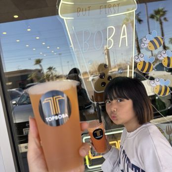 Top Boba - Passion fruit tea left, milk tea on the back right. - Bubble Tea Near Me - Las Vegas, Nevada