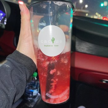 Cactus Bubble Tea - Strawberry Green Tea with Fresh Fruit and Lychee Jelly - Bubble Tea Near Me - Las Vegas, Nevada