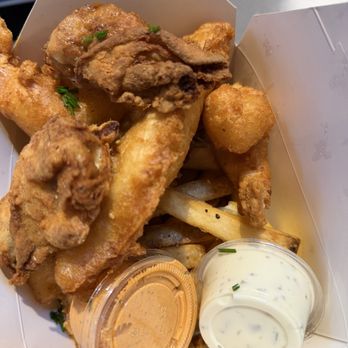 Matt's Fish Basket - The Sampler (2 fish, 2 shrimps, 2 oysters, and fries) - Fish & Chips Near Me - Seattle, Washington