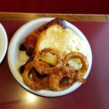 Hickory Hut - Half chicken and Brisket with onion rings. - Barbeque Near Me - Salina, Kansas