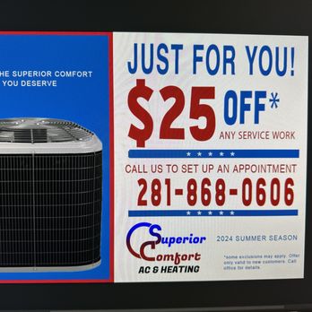 Superior Comfort - You don't have to to print this coupon just show it to us and we'll gladly honor it so you may begin enjoying savings from day one - Heating & Air Conditioning/HVAC Near Me - Katy, Texas Superior Comfort - You don't have to to print this coupon just show it to us and we'll gladly honor it so you may begin enjoying savings from day one - Heating & Air Conditioning/HVAC Near Me - Katy, Texas