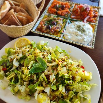 Zitouna - Fattoush Salad, Dip Platter (Hooryia Dip, Mechwia Dip, Taziki Dip, Shakshuka Dip),  Pita - Mediterranean Near Me - San Francisco, California