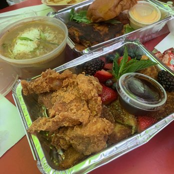 Peaches - Gumbo, salmon burger with fries and chicken with French toast - Southern Near Me - Brooklyn, New York Peaches - Gumbo, salmon burger with fries and chicken with French toast - Southern Near Me - Brooklyn, New York