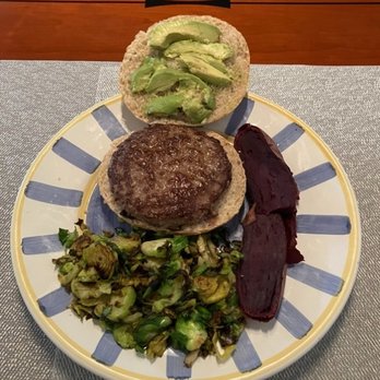 Butcher Box - Grass Fed Burger with avocado on a chibatta | roasted shaved brussel sprouts | purple sweet potato - Meat Shops Near Me - Watertown, Massachusetts Butcher Box - Grass Fed Burger with avocado on a chibatta | roasted shaved brussel sprouts | purple sweet potato - Meat Shops Near Me - Watertown, Massachusetts