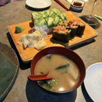 Sushi Bar Zipang - miso soup  avocado roll and shrimp kimchi - Sushi Bars Near Me - Calgary, Alberta