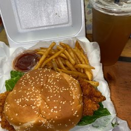 Chicken Burger with French Fries ($10.95) with a Grapefruit Honey Iced Tea ($4.65)
