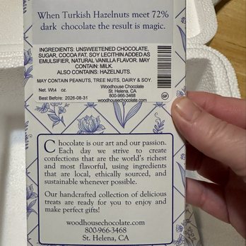 Woodhouse Chocolate - Back of the Dark Chocolate Bar with Hazelnuts. - Chocolatiers & Shops Near Me - Saint Helena, California Woodhouse Chocolate - Back of the Dark Chocolate Bar with Hazelnuts. - Chocolatiers & Shops Near Me - Saint Helena, California