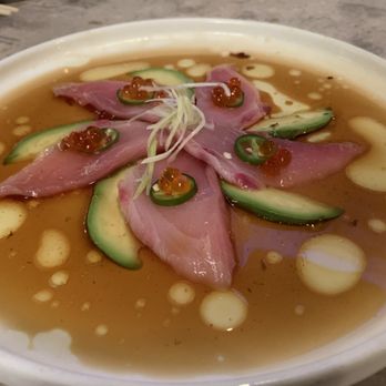 Ozumo - Hanabi - Sliced Hamachi & Avocado, Shredded Daikon, Leeks, and Warm Ginger-Chili Ponzu - Izakaya Near Me - San Jose, California