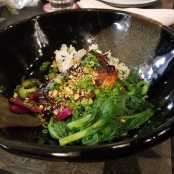 Goen Dining + Bar - Salmon ($22.00) - Hijiki Rice, Crispy Garlic, Choi Sum, Pickles, Kalbi Glaze - Pan Asian Near Me - Kailua, Hawaii Goen Dining + Bar - Salmon ($22.00) - Hijiki Rice, Crispy Garlic, Choi Sum, Pickles, Kalbi Glaze - Pan Asian Near Me - Kailua, Hawaii