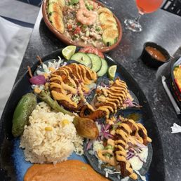 Tacos de pulpo zarandeado and ceviche de camaron