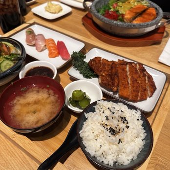 Sushi Kaen - In front: Chicken katsu + assorted sushi with salad, miso soup, and rice. Behind: Hot stone salmon don. - Japanese Near Me - Northridge, California Sushi Kaen - In front: Chicken katsu + assorted sushi with salad, miso soup, and rice. Behind: Hot stone salmon don. - Japanese Near Me - Northridge, California