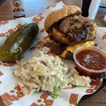 Phil's BBQ - Philbuster Burger - double cheeseburger w onion ring and brisket w BBQ sauce on the side. - Barbeque Near Me - San Diego, California Phil's BBQ - Philbuster Burger - double cheeseburger w onion ring and brisket w BBQ sauce on the side. - Barbeque Near Me - San Diego, California
