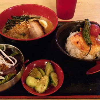 RAMEN-SAN - Tonkotsu, salmon+rice, salad and cucumbers - Ramen Near Me - Chicago, Illinois RAMEN-SAN - Tonkotsu, salmon+rice, salad and cucumbers - Ramen Near Me - Chicago, Illinois