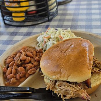Big John's Texas BBQ - My delicious pulled pork sandwich with beans and coleslaw - Barbeque Near Me - Page, Arizona